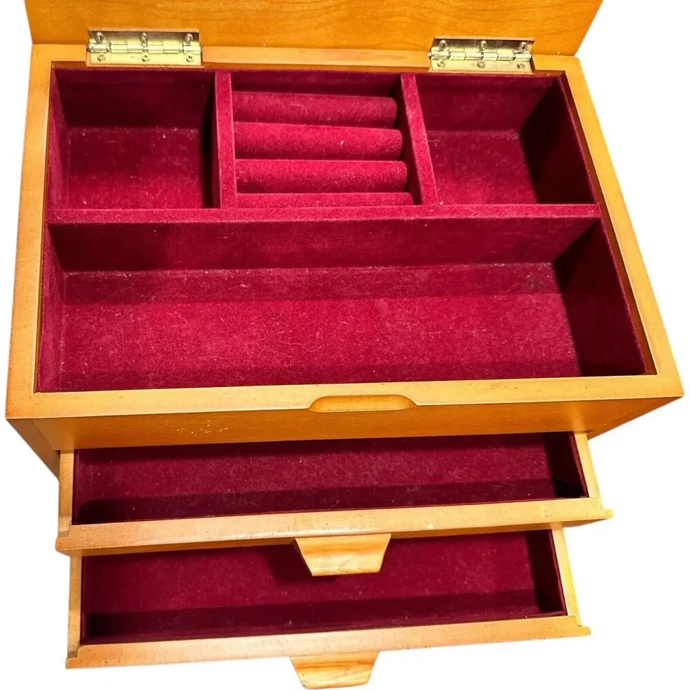 JEWELRY BOX BIRCH WOOD FELT LINED TWO DRAWER HINGED LID COMPARTMENT MIRROR